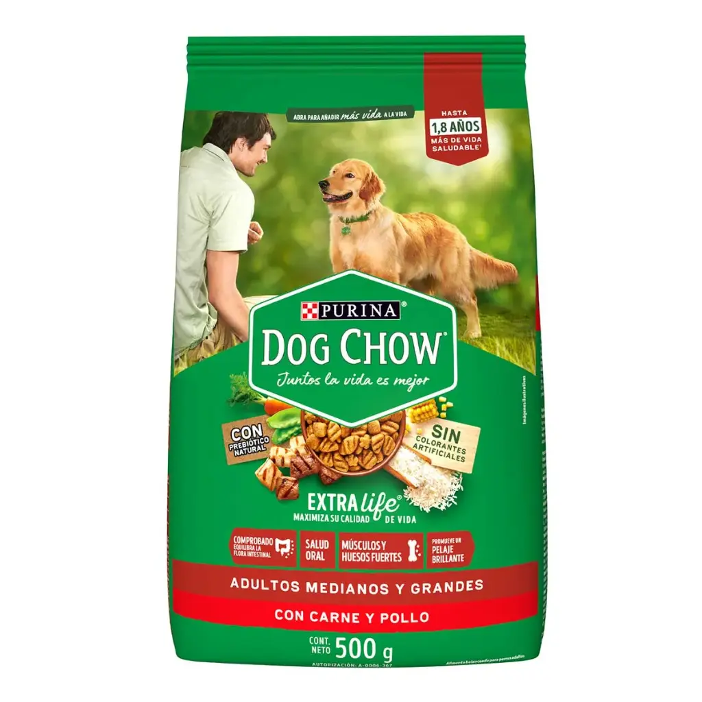 DOG CHOW ADULTOS MEDIANOS Y GRANDES CARNE POLLO 500G